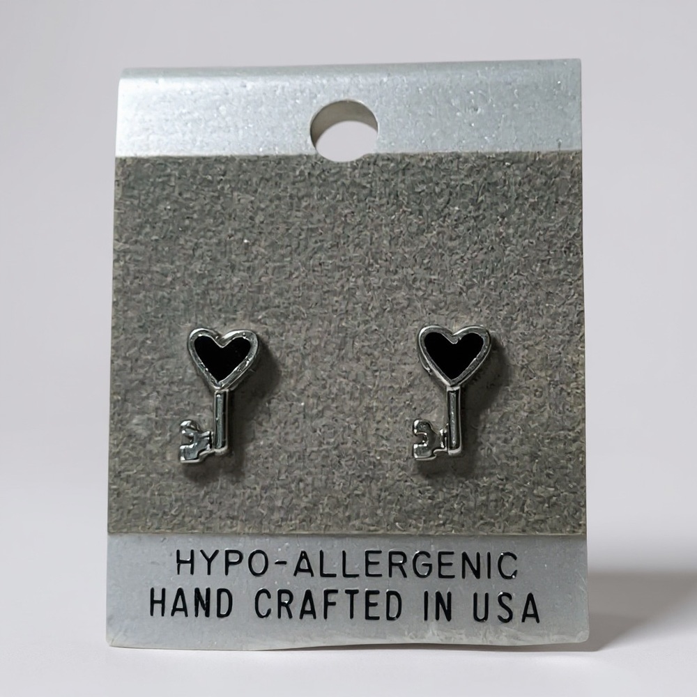 PRICE IS FIRM - Pair of Black Master Key Silver Hypo-Allergenic Post Earrings
